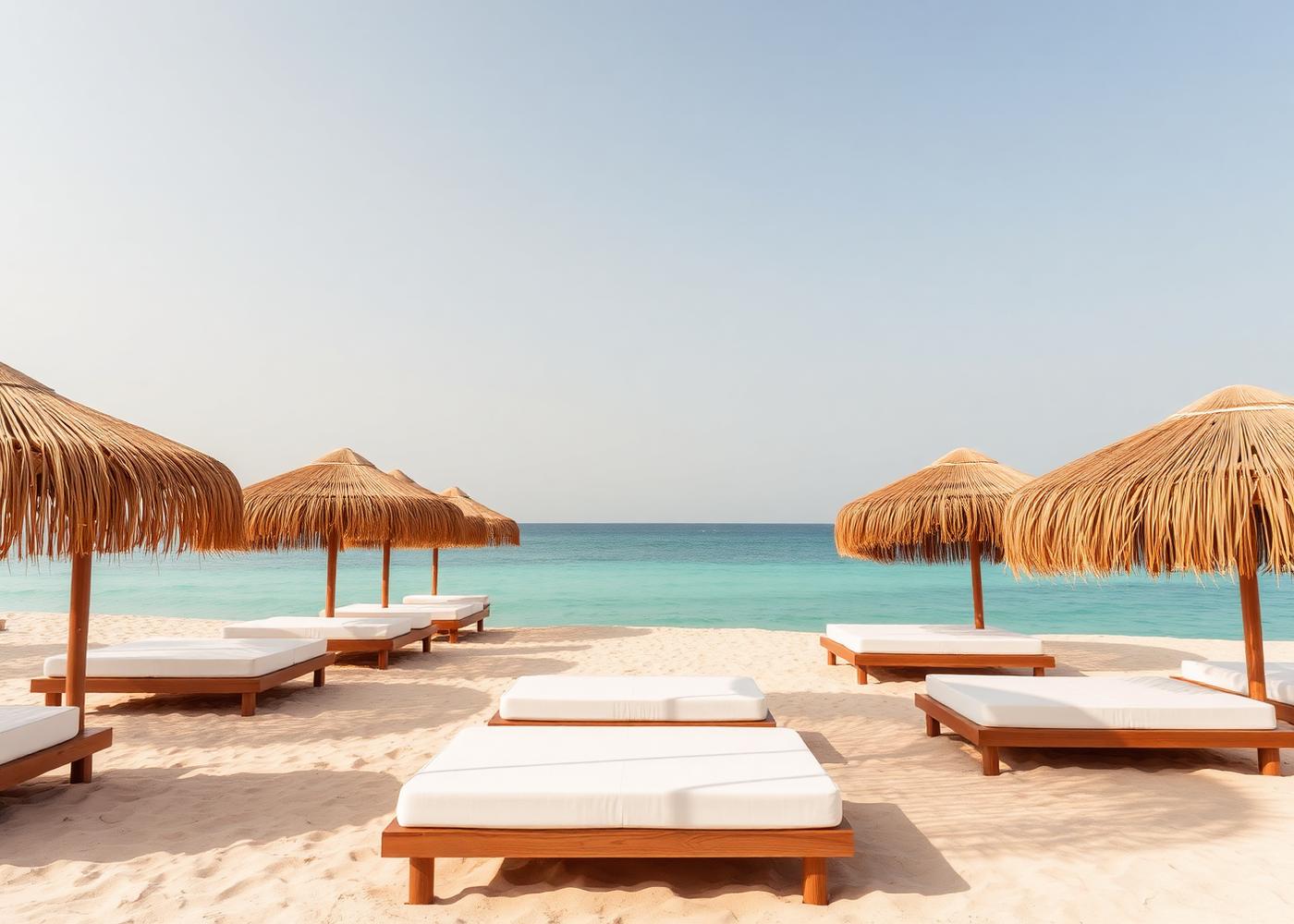Daybeds and straw parasols facing the Dakhla lagoon